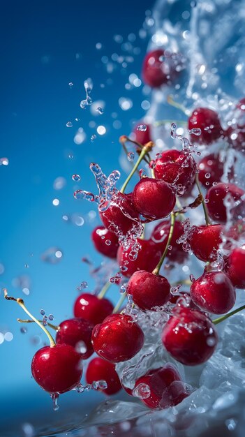 Vibrant Cherries Splashing in Water Against Blue Sky