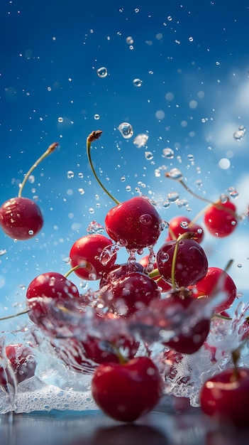 Vibrant Cherries Splashing in Water Against Blue Sky