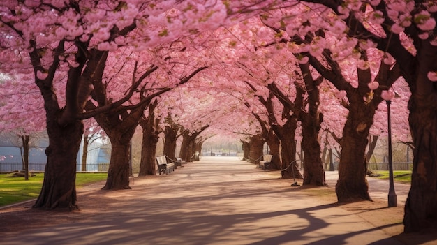 Vibrant cherry blossom tunnel in the city park Generative Ai