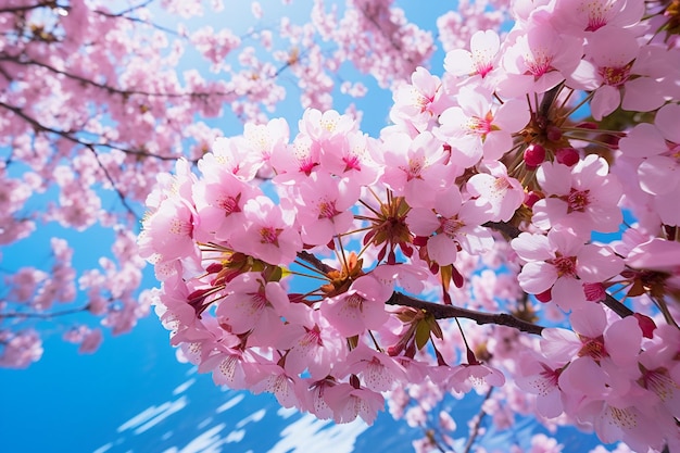 Vibrant cherry blossoms in full bloom against a blue sky