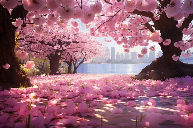 Vibrant cherry blossoms in full bloom against a blue sky