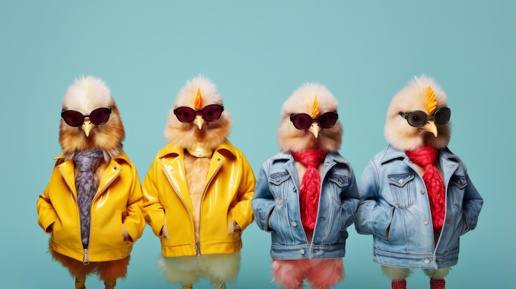 Foto vibrant chickens in surreal animal hybrid outfits creative chicken concept