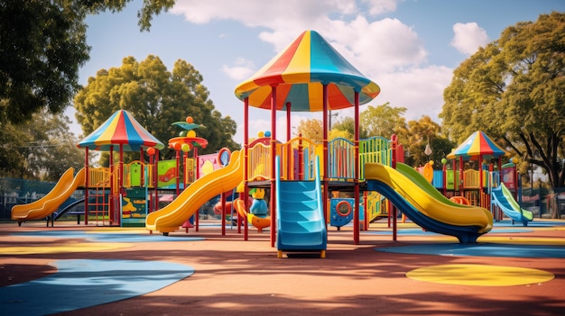 A vibrant childrens play area with colorful slides and swings