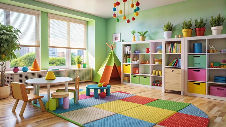Photo vibrant childrens playroom with colorful furniture and play tent