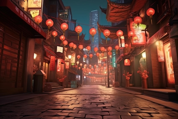 Vibrant china city during chinese new year with paper lamps