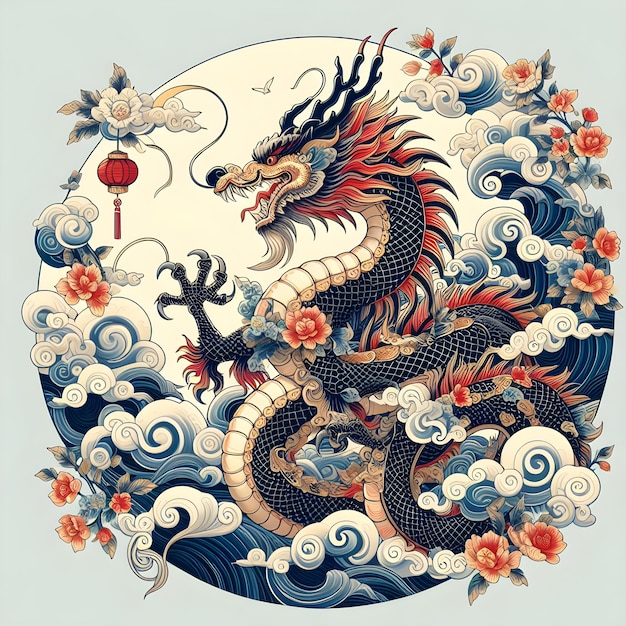 Vibrant Chinese Dragon Amid Waves and Traditional Lanterns