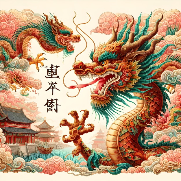 Vibrant Chinese Dragon Amid Waves and Traditional Lanterns