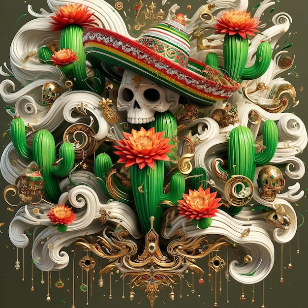 생동감 넘치는 Cinco de Mayo 3D 바로크 멕시코 브레로 두개골 축제