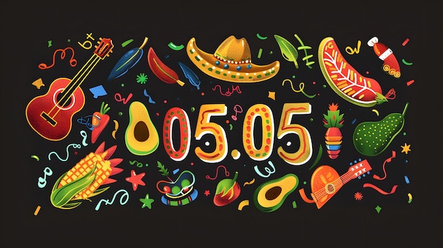 멕시코의 전통적인 상징을 가진 활기찬 Cinco De Mayo 축제 일러스트레이션