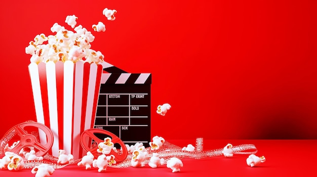 A vibrant cinematic theme with popcorn exploding from a striped container a movie clapper and film reels on a red background
