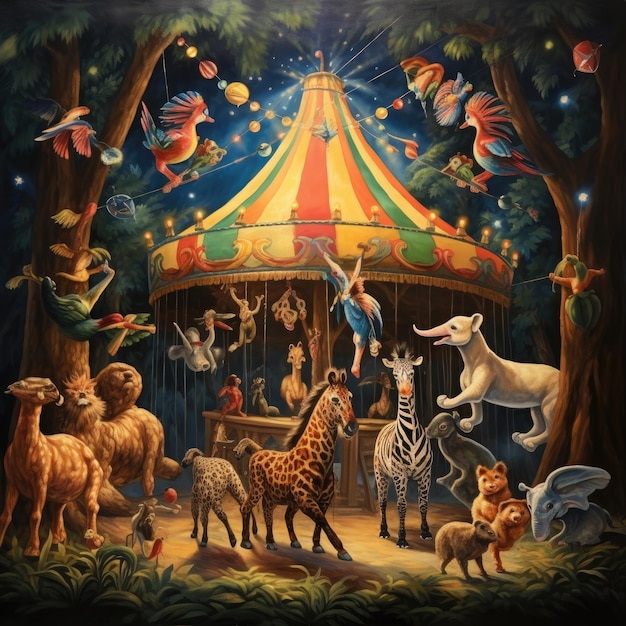 A vibrant circus scene with animals and a carousel