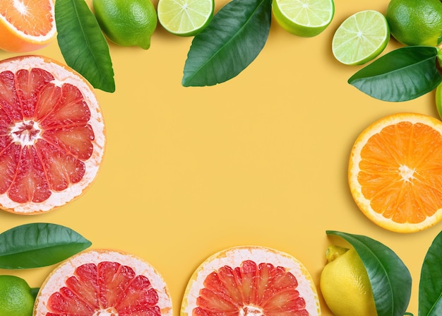 新鮮で健康的な夏の雰囲気のための創造的な背景に鮮やかな柑橘類のスプラッシュ トロピカル フルーツと葉