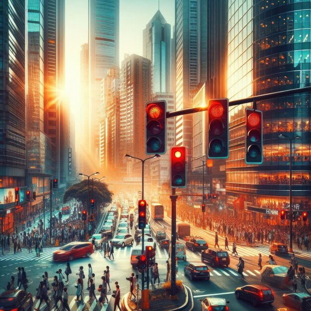 Foto un angolo vivace della città durante l'ora di punta il semaforo rosso sospeso sopra il caos