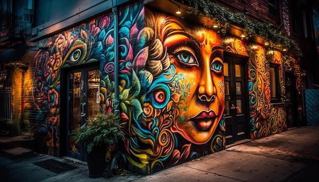 Яркая городская жизнь, освещенная современными граффити, созданными искусственным интеллектом
