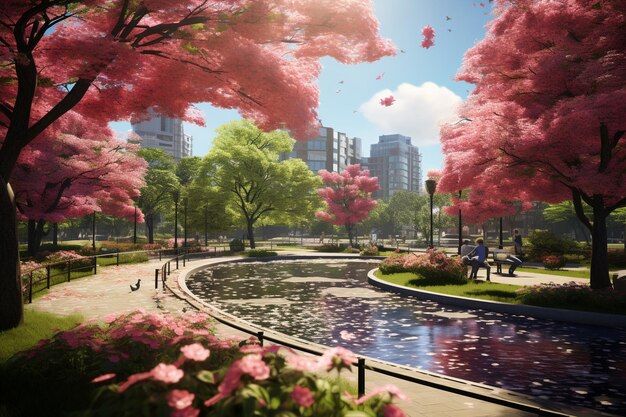 A vibrant city park with trees in full blossom pro 00460 02