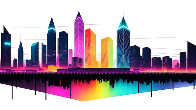 Photo a vibrant city skyline with a mesmerizing rainbow reflection in the water