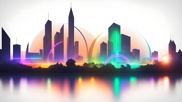 A vibrant city skyline with a stunning rainbow reflection