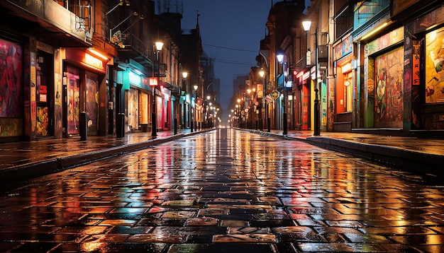 Photo vibrant city street illuminated by multi colored lanterns at night generated by ai