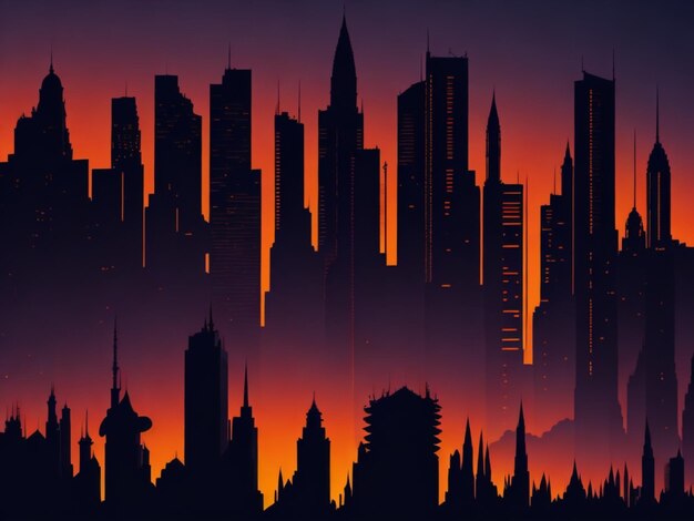 A vibrant cityscape at sunset with silhouettes of people and iconic buildings