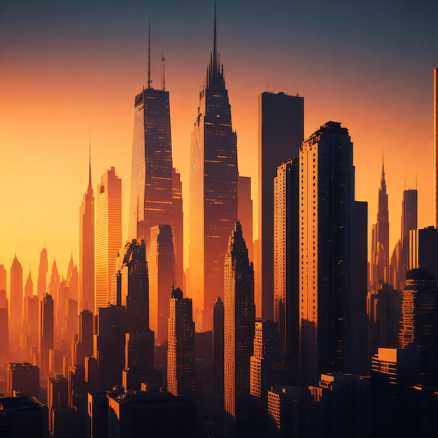 A vibrant cityscape of tall buildings illuminated by the warm light of the setting sun