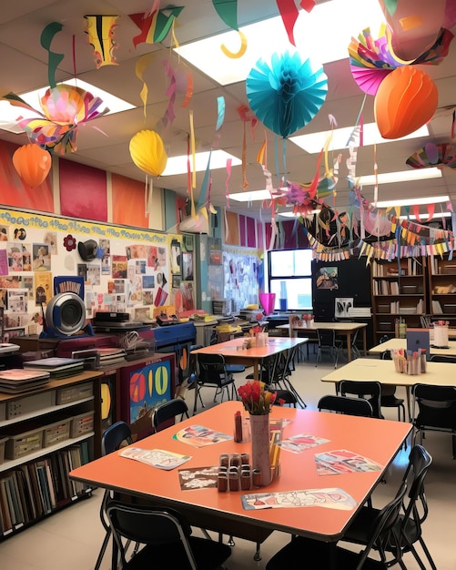 A vibrant classroom filled with excited students surrounded by colorful decorations