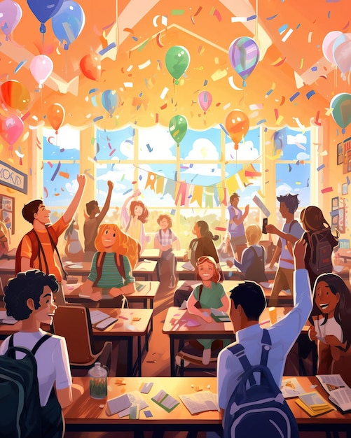 A vibrant classroom filled with excited students surrounded by colorful decorations