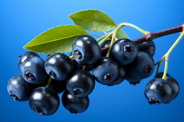 Vibrant close up of fresh ripe huckleberry fruit isolated on a captivating blue background