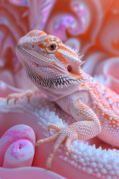 Vibrant Close up Portrait of a Bearded Dragon Against a Pink Floral Background