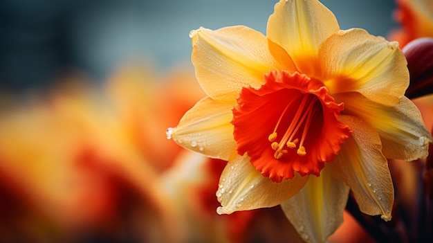 Vibrant closeup of daffodil stigma and anthers with blurred background