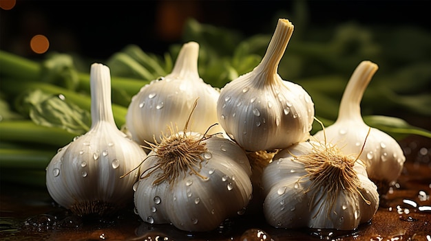 Vibrant closeup of fresh and healthy garlic on wooden table