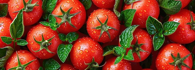 Яркий крупный план свежих спелых красных помидоров с каплями воды на свежем томатном фоне