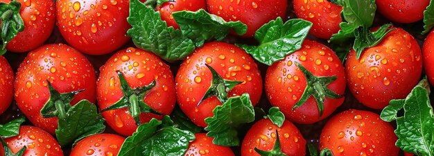 Vibrant closeup of fresh ripe red tomatoes with water drops fresh tomato background