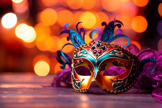 Vibrant closeup of a mask showcasing intense colors and shine harmonizing with a charming carnival background