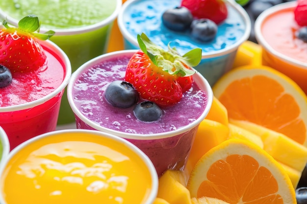 A vibrant closeup photo showcasing an array of cups filled with delicious and nutritious fruit smoothies A vibrant colorful display of various fruit smoothies in takeaway cups AI Generated