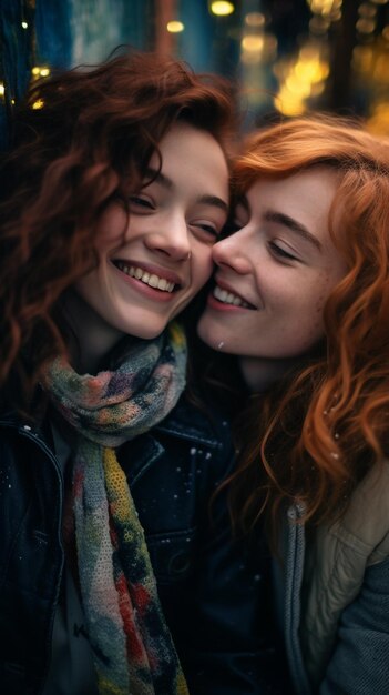 A vibrant closeup portrait of two friends embracing