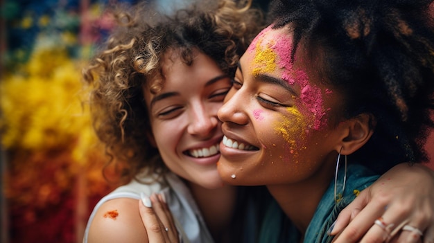 A vibrant closeup portrait of two friends embracing