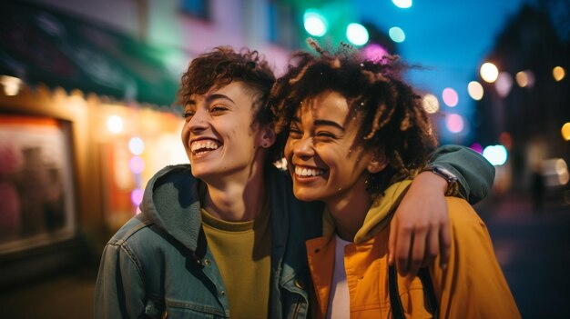 A vibrant closeup portrait of two friends embracing