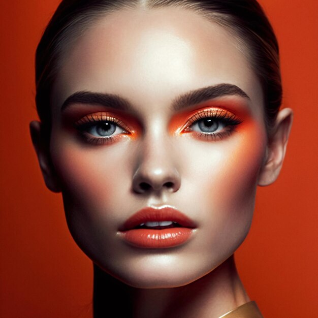 Vibrant CloseUp Portrait of Woman with Stunning Bright Orange Makeup Generated by AI