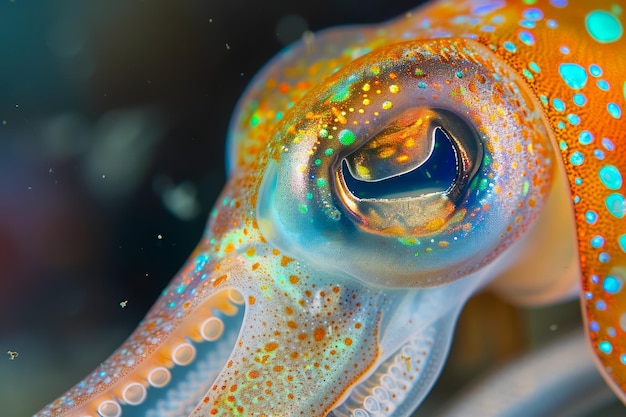 Vibrant Closeup of a Squids Eye Underwater Showcasing Natures Marine Life Wonders and the Beauty