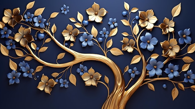 青い花と黄金の葉を持つ木の鮮やかなクローズアップ N 用の見事なストック画像
