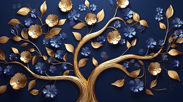 Vibrant CloseUp of Tree with Blue Flowers and Golden Leaves Stunning Stock Image for N