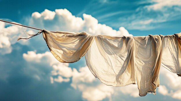 A vibrant cloth dances elegantly on a clothesline against a backdrop of billowing clouds on a breezy day