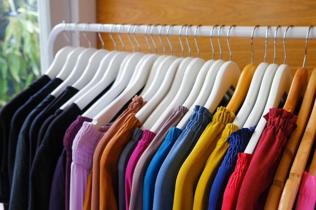 Vibrant Clothing Selection on Hangers Against Window in Retail Store