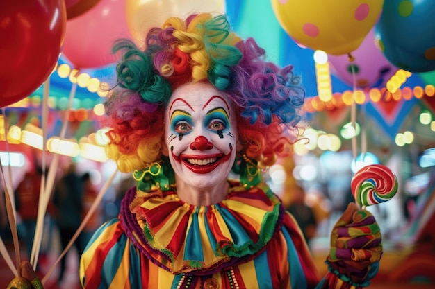 Foto clown vibrante con i capelli colorati che tiene il lecca-lecca festa del carnevale divertente divertimento