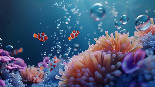 Vibrant clownfish exploring coral reefs in deep blue sea underwater wonder in natures aquarium ideal for wallpaper or background AI