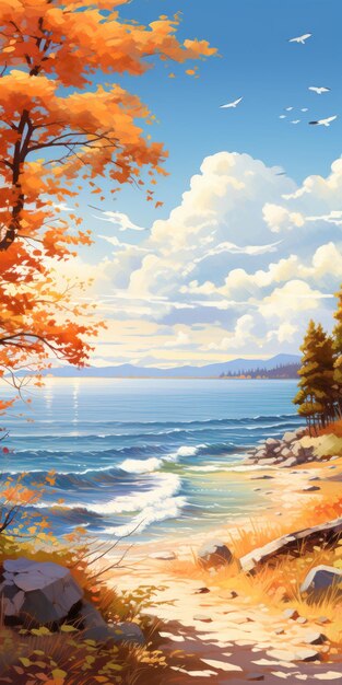 Vibrant Coastal Autumn Painting In Graphic Illustration Style