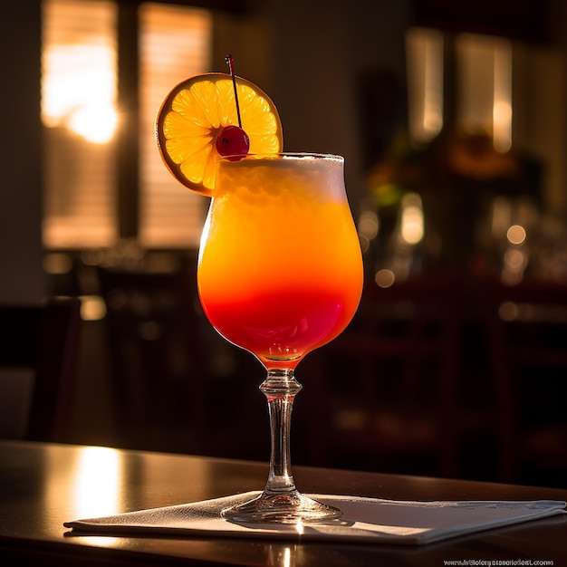 A vibrant cocktail with a gradient of orange to red garnished with a cherry and orange slice
