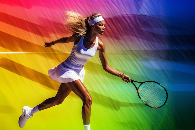 Vibrant collage captivating tennis player in action embracing a multicolored court unleashing the