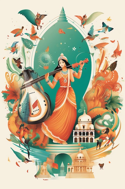 a vibrant collage of India's cultural heritage including traditional instruments