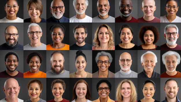 A vibrant collage of joyful individuals from diverse ethnic backgrounds spanning various ages captured in headshots